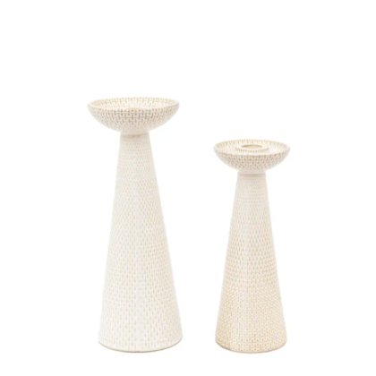 Set of 2 Porto Ceramic Glazed Candlestick Holders - White