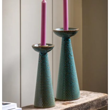Set of 2 Porto Ceramic Glazed Candlestick Holders - Green